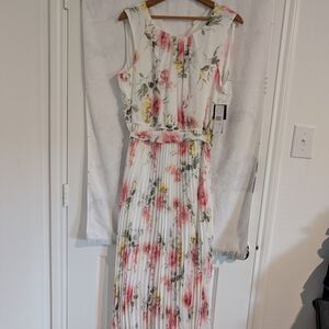Floral Pleated White Maxi Dress with Pink and Yellow Blooms
